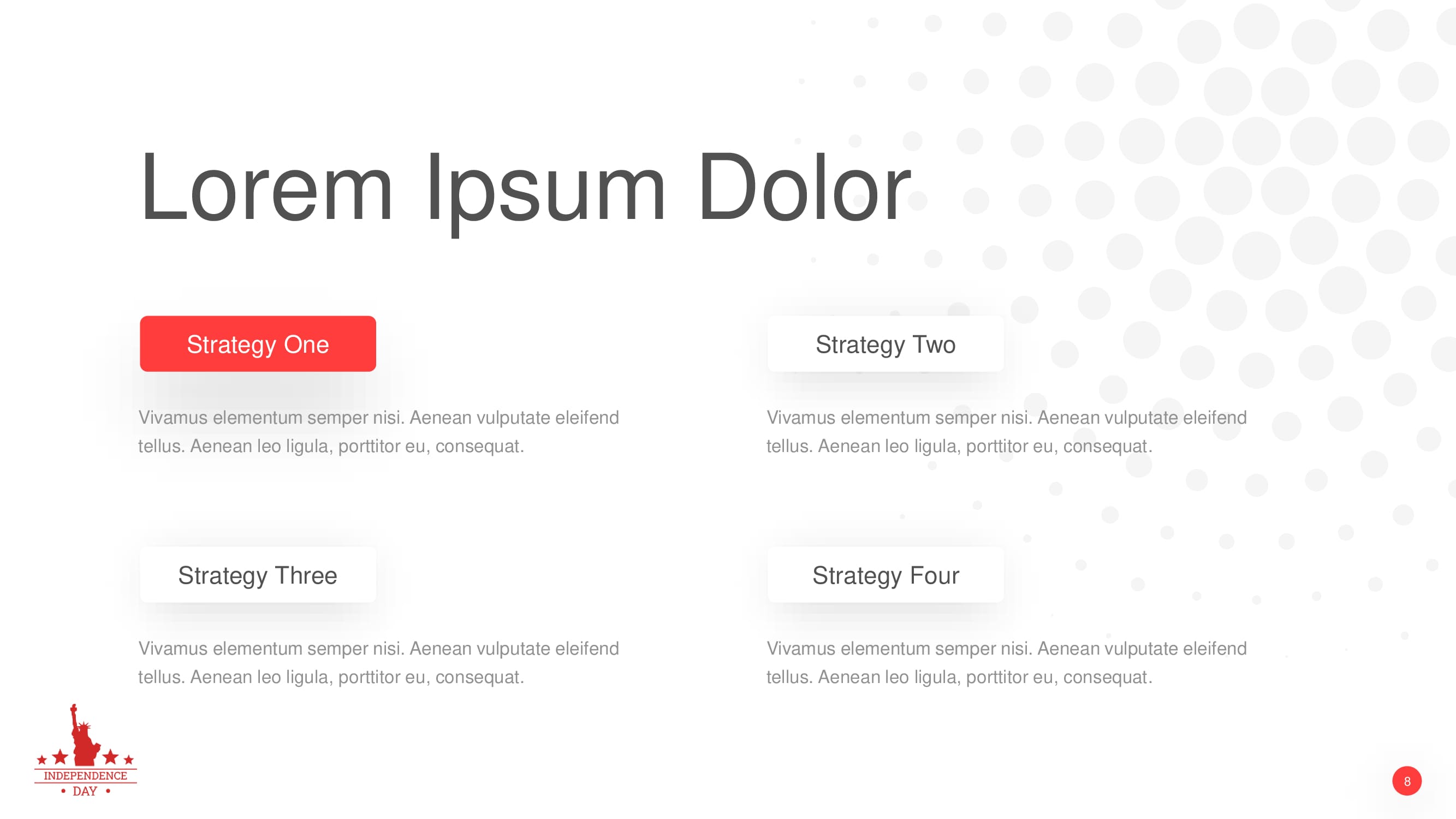 Slide in red, black and white colors with 4 strategy and descriptions for them.