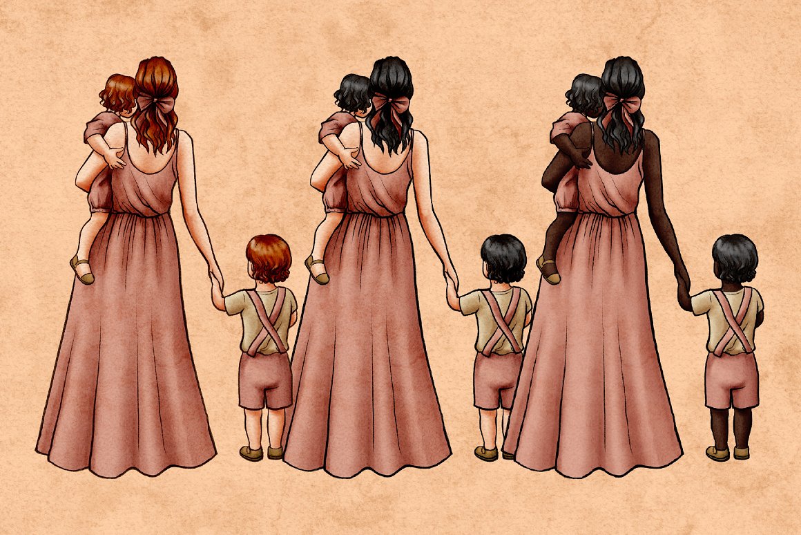 3 illustrations of mom and children in different skin tones.