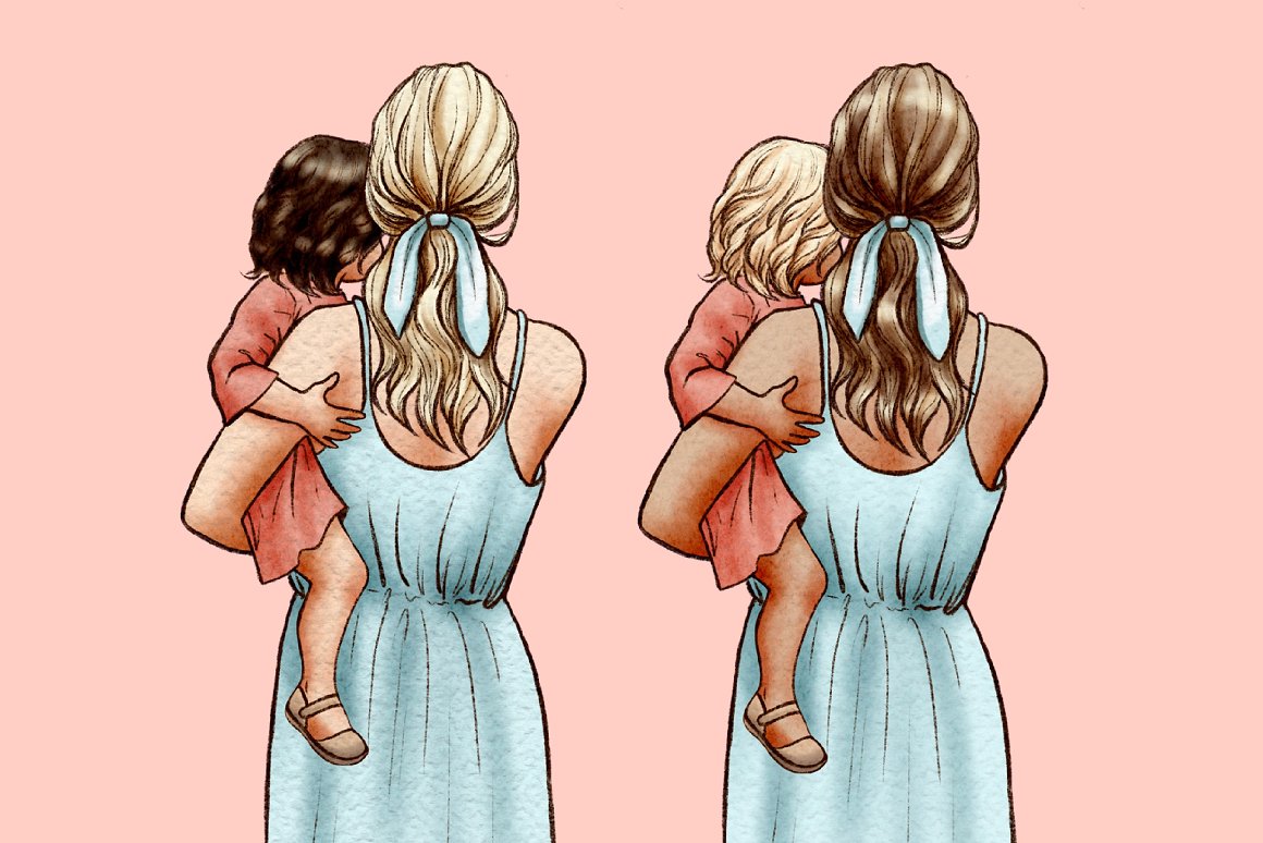 2 illustrations of mom and baby with different hair colors.
