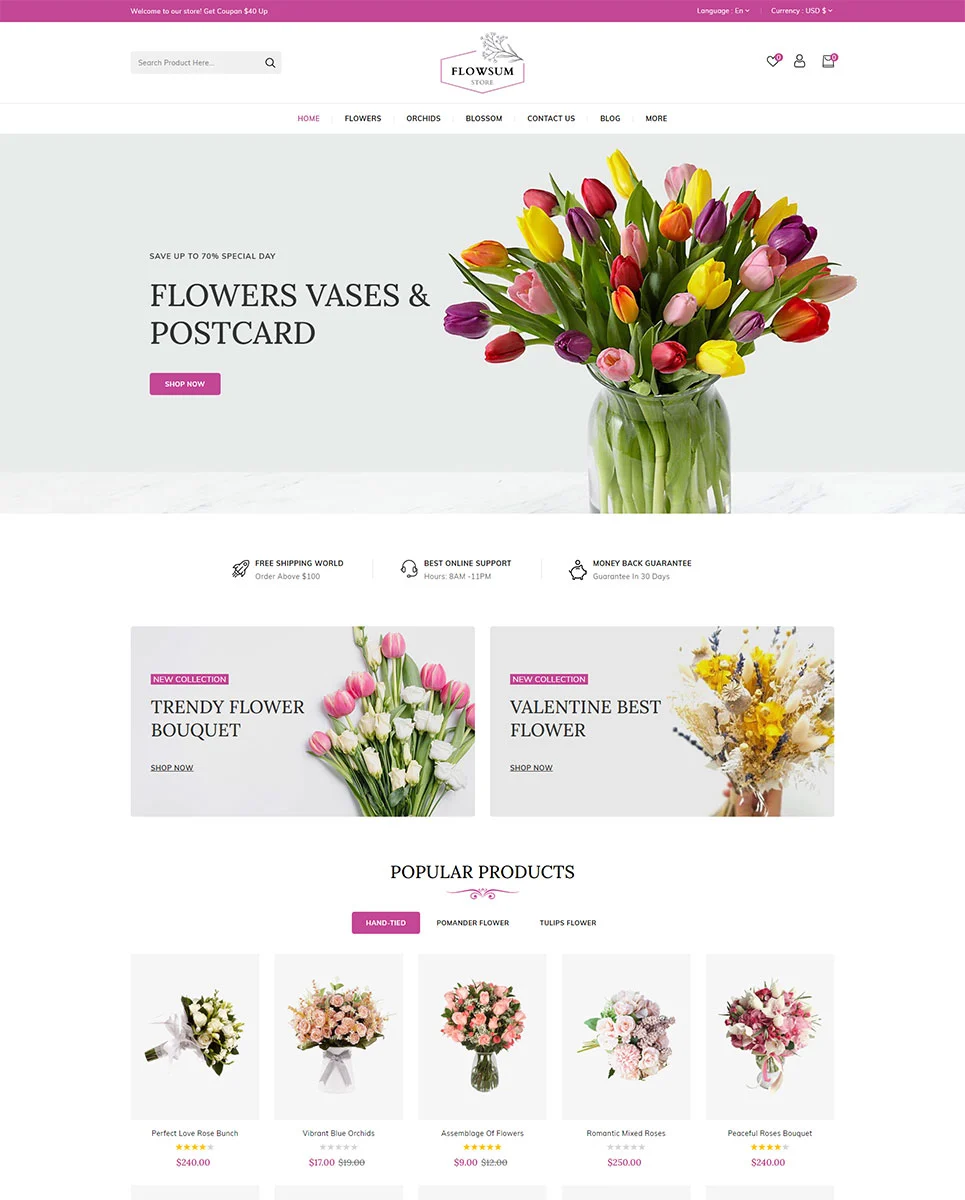 A white landing page for flowers store with banner with image of tulips on a gray background.