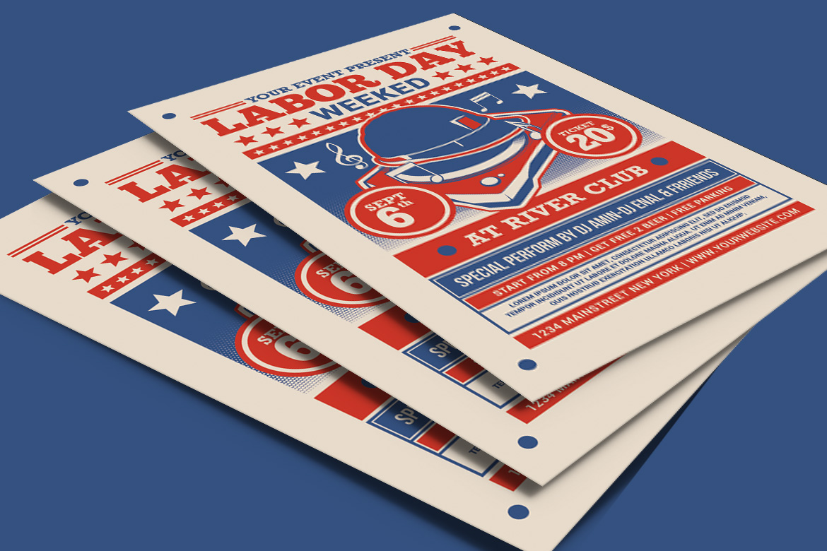 3 mockups of labor day weekend party flyers on a blue background.