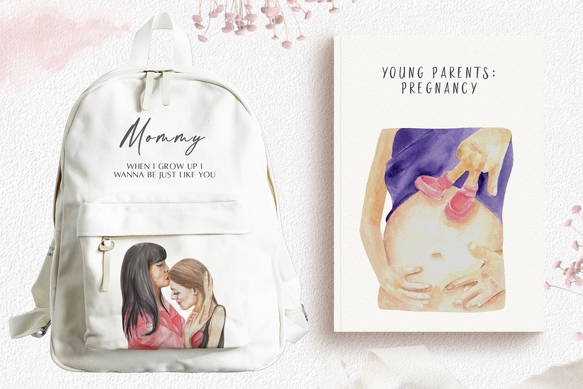 White book and white backpack with black lettering and illustrations of motherhood.