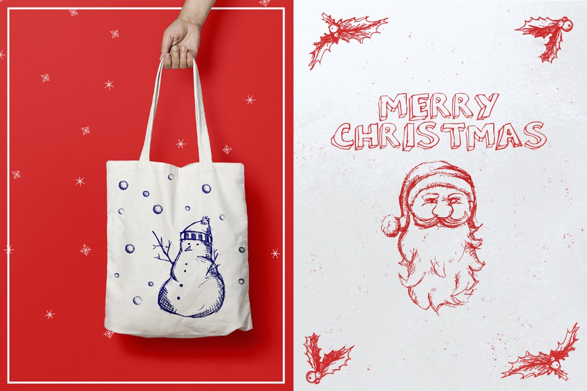 White shopping bag with image of a snowman on red background and red image of a santa with lettering "Merry Christmas" on a gray background.
