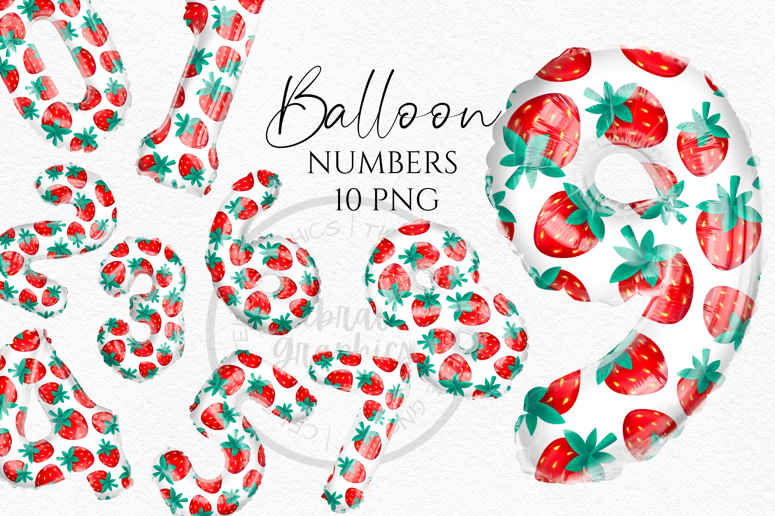 Black letetring "Balloon Numbers 10 PNG" and 10 numbers balloons with strawberry.