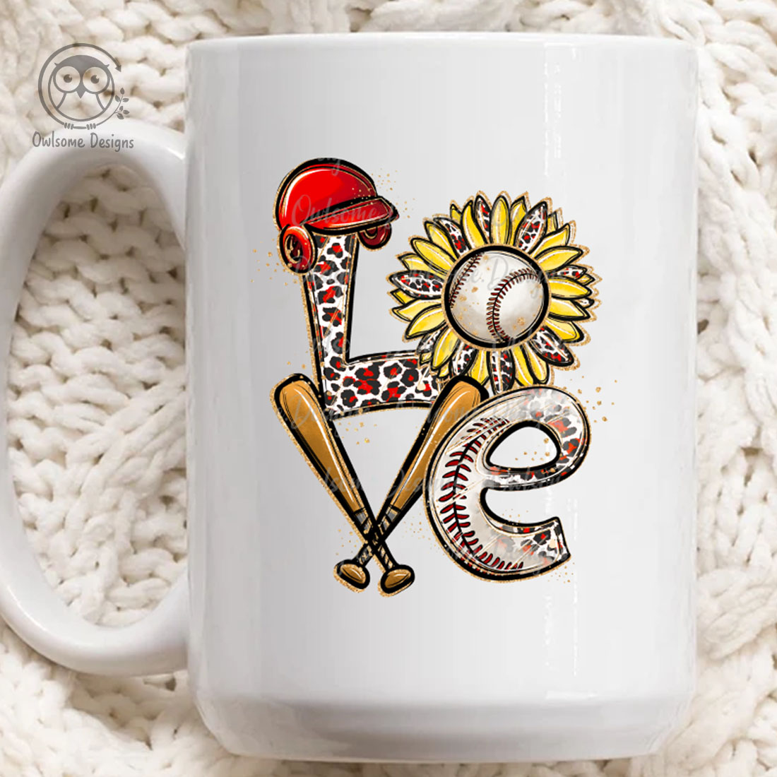 Image of a white cup with a charming inscription Love with baseball elements.