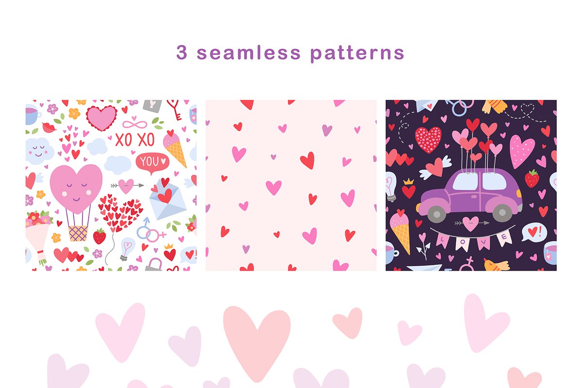 You will get 3 seamless patterns with hearts.