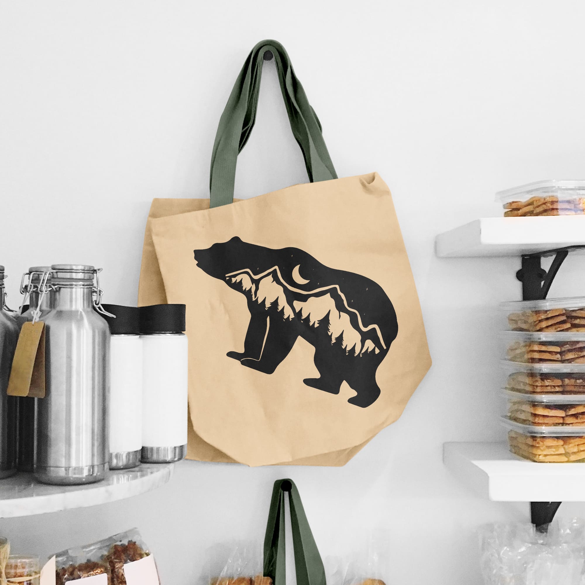 Brown paper bag with a bear on it.