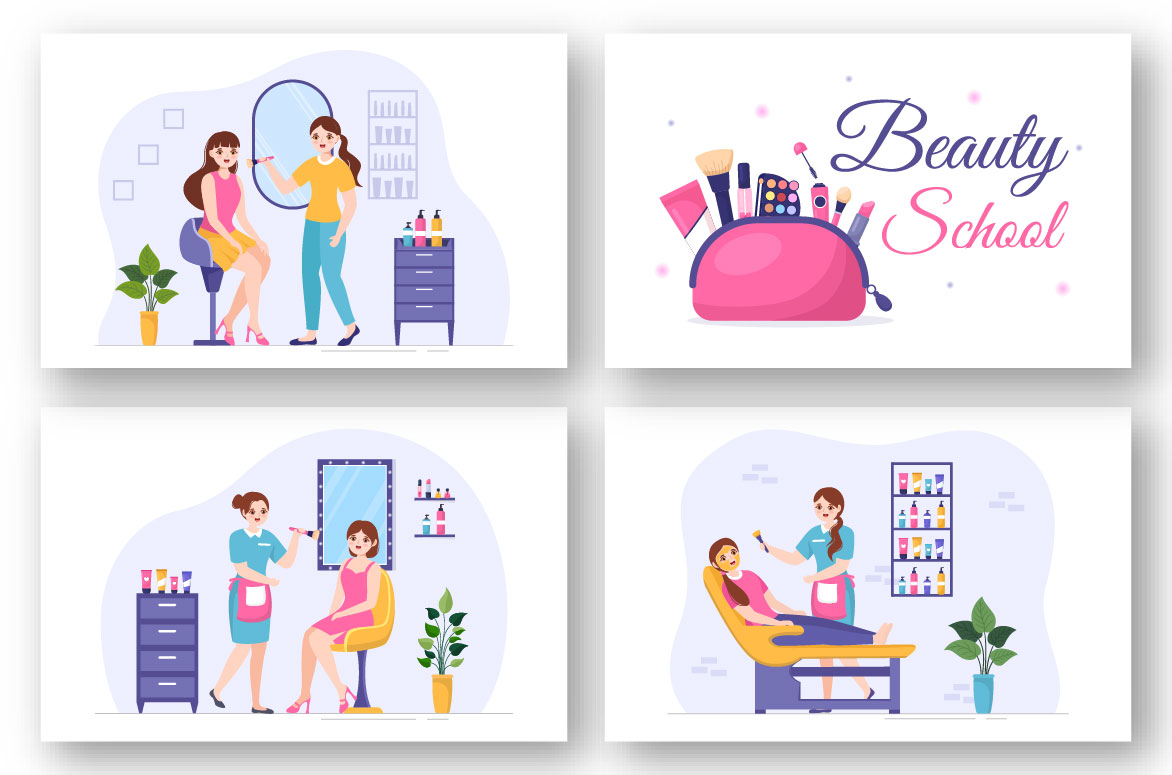 A selection of cartoon images with girls in a beauty salon.