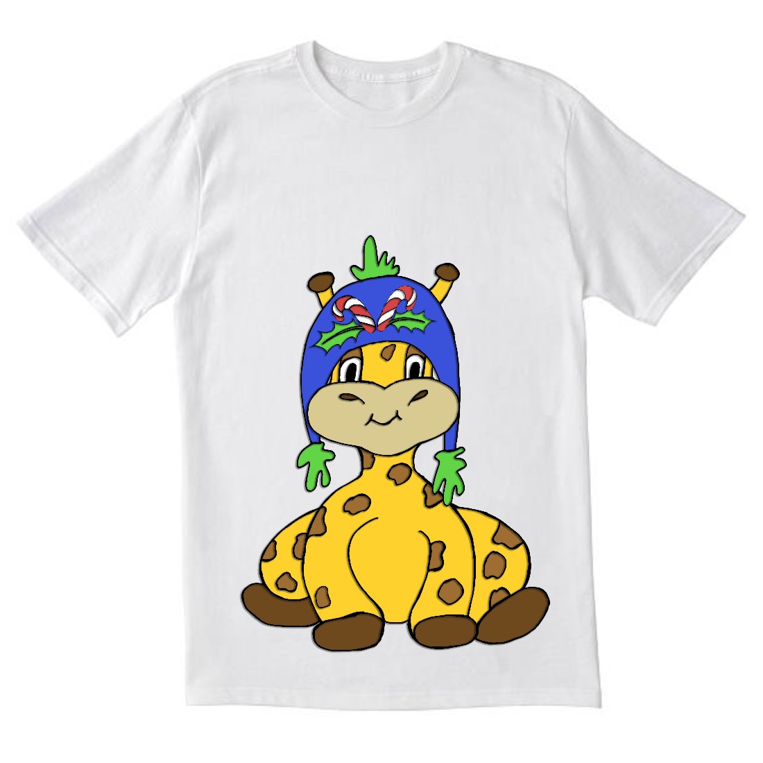 Image of a white t-shirt with a unique print of a giraffe in a winter hat.