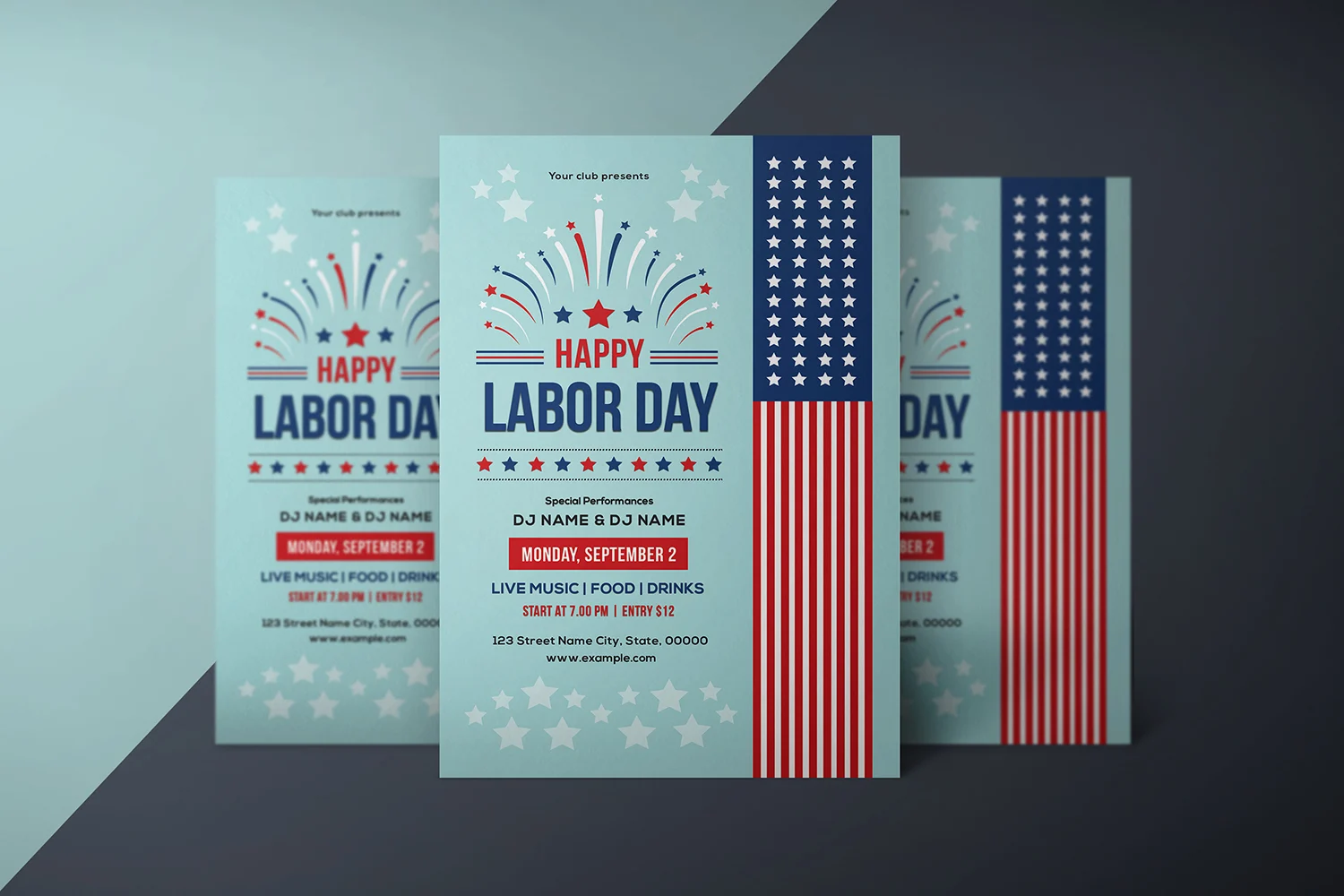 3 mockups of USA labor day flyers on a blue and dark gray background.