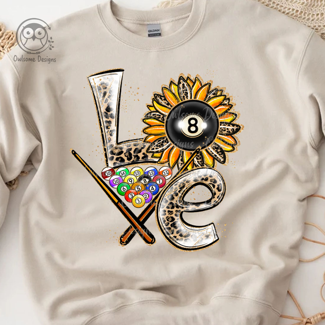 Image of a sweatshirt with an amazing inscription Love with billiard elements.