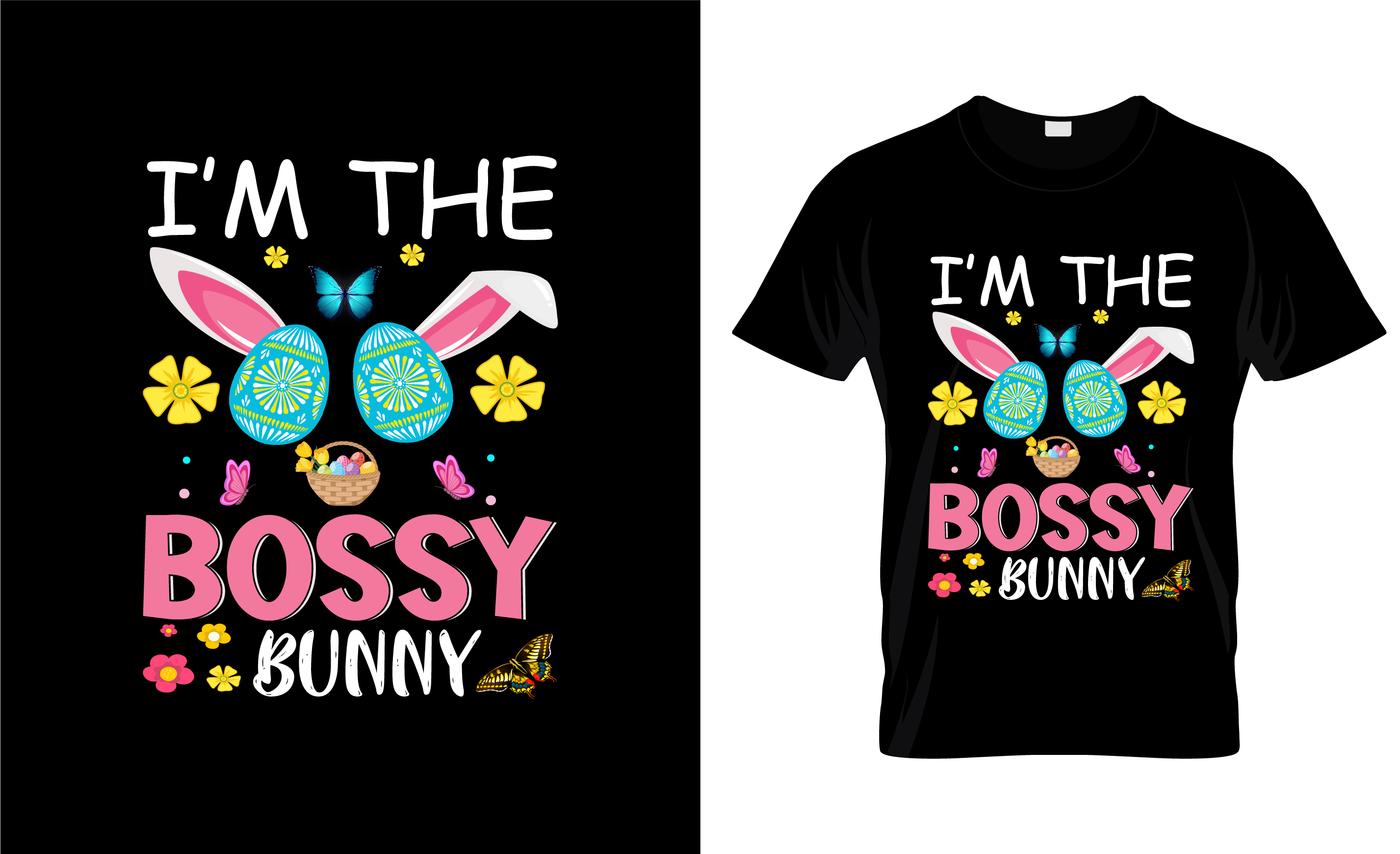 Image of a black t-shirt with unique prints on an easter theme.