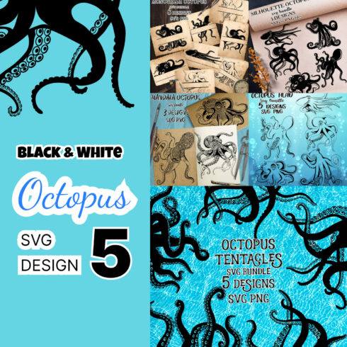 Collage of black and white octopus svg designs.