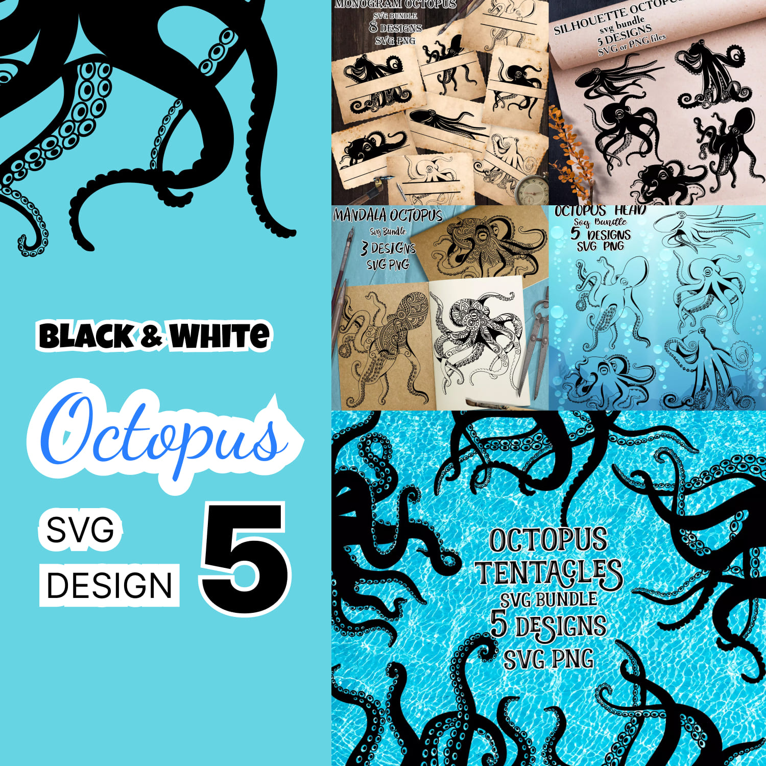 Collage of black and white octopus svg designs.