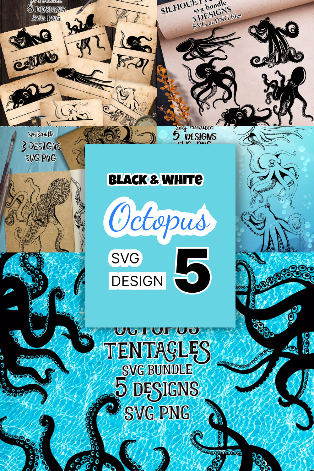Black & White Octopus SVG Bundle - pinterest image preview.