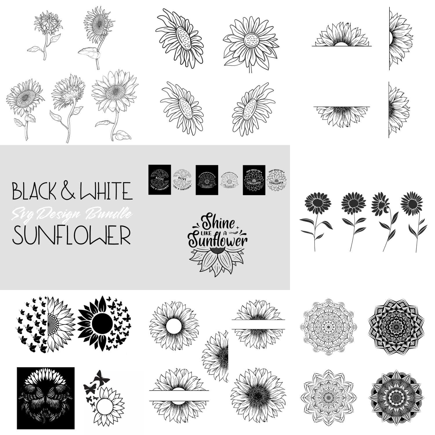 Black & White Sunflower SVG Designs Bundle - main image preview.