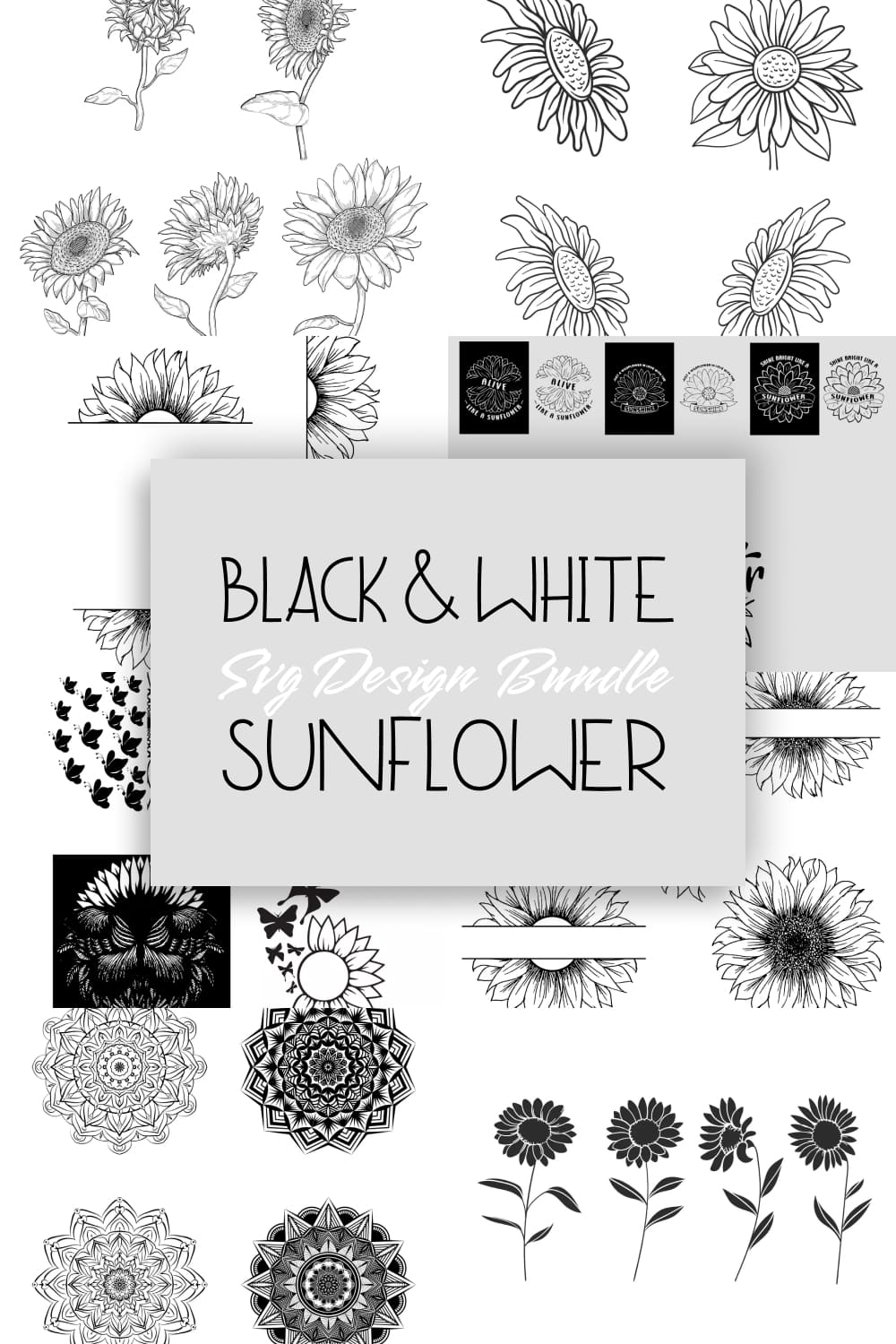 Black & White Sunflower SVG Designs Bundle - pinterest image preview.