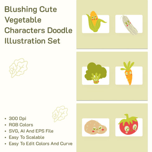 Blushing Cute Vegetable Characters Doodle Illustration Set.