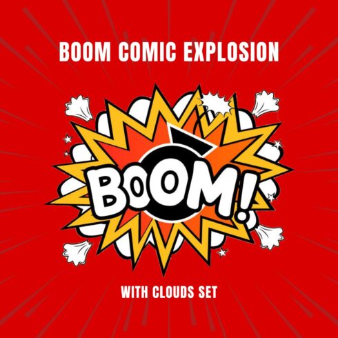 Boom Comic Explosion with Clouds Set.