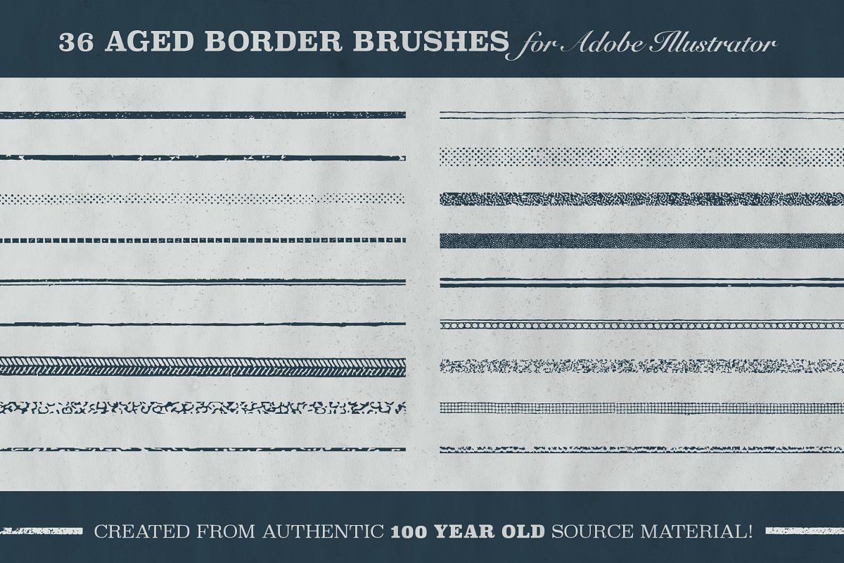 There are 36 aged border brushes for Adobe Illustrator.
