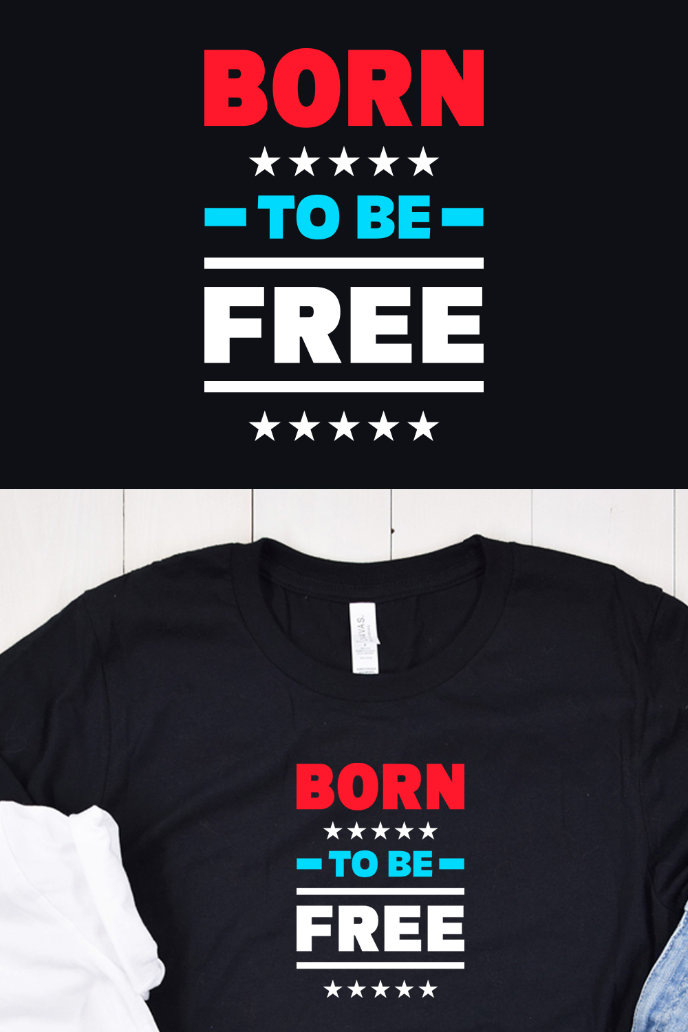 Image of a black t-shirt with a charming slogan "Born to be free".