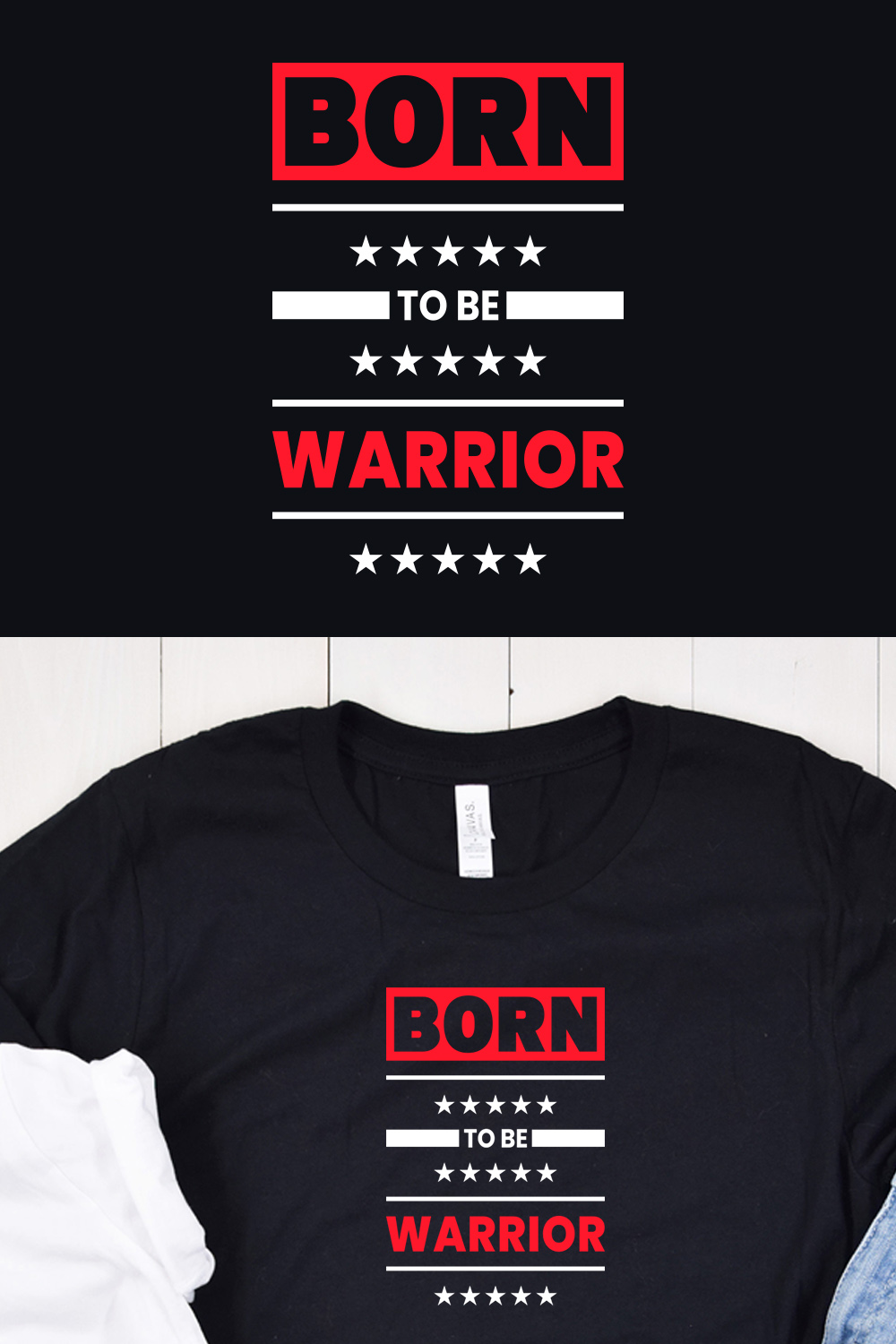 Image of a black T-shirt with an irresistible "Born to be Warrior" slogan in white and red.