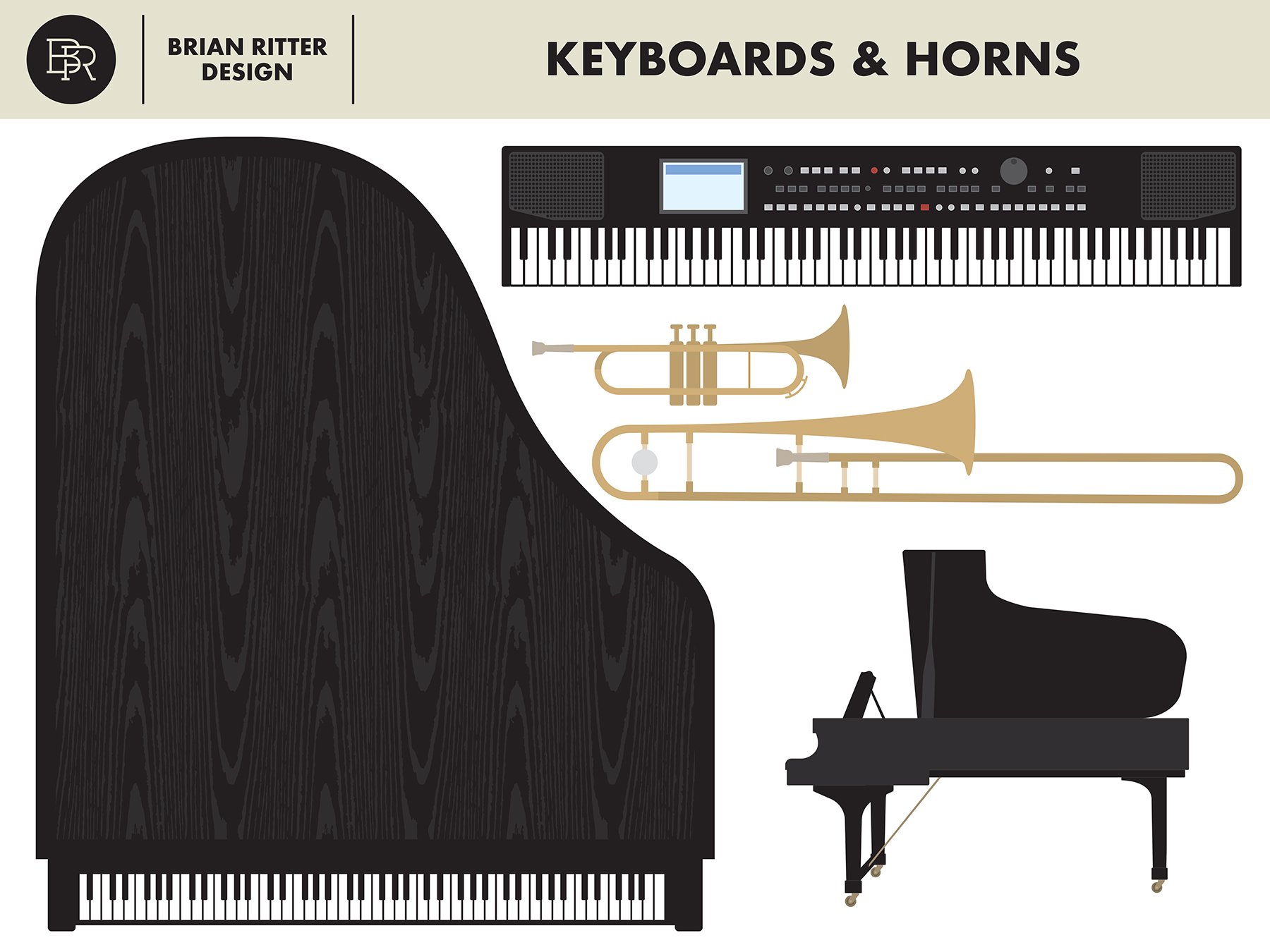 Keyboards and horns illustration.