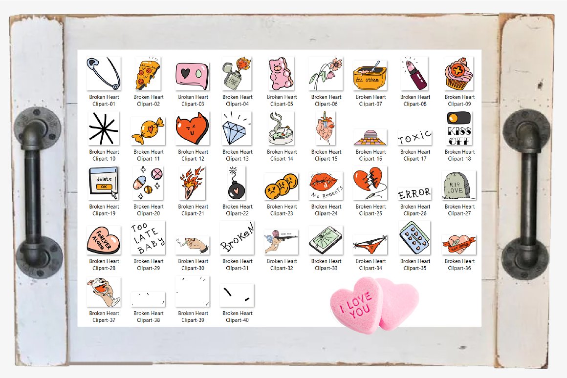 A set of 40 different illustrations of anti-valentines day on a white background.