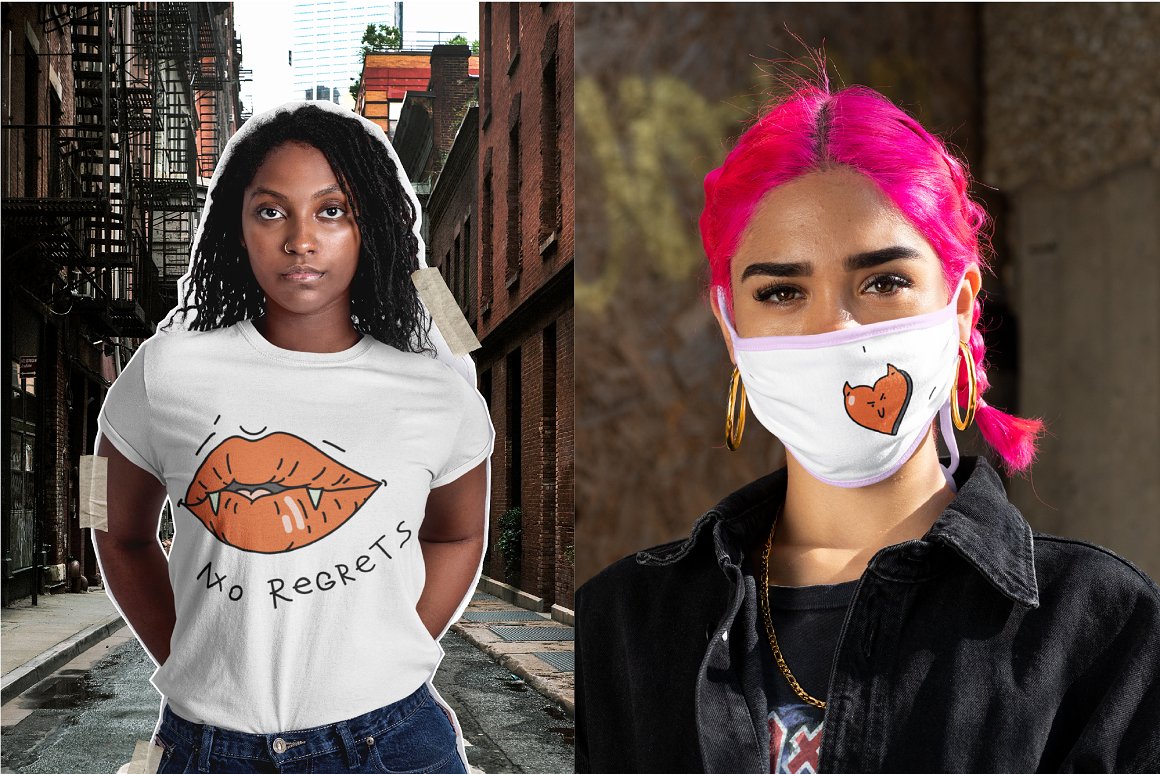 White t-shirt with illustration of lips on a girl with brown hair and white mask with illustration of a heart on a girl with pink hair.