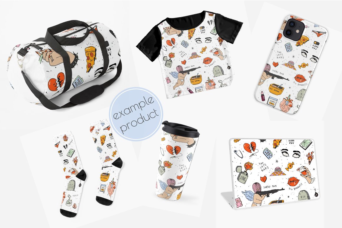 A set of white-black bag, t-shirt, iphone case, socks, cup and case for macbook with different illustrations of anti-valentines day on a gray background.