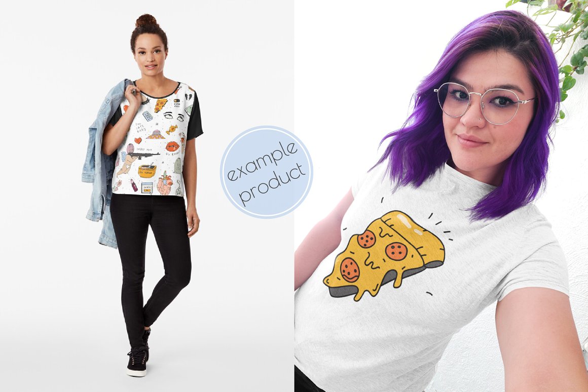 White t-shirt with illustration of pizza on a girl with purple hair and white-black t-shirt with different illustrations of anti-valentines day on a girl with brown hair.