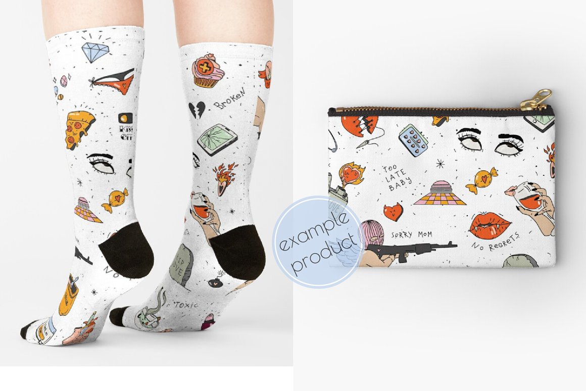 White-black socks and cosmetic bag with different illustrations of anti-valentines day on a gray background.