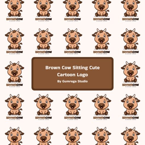 Brown Cow Sitting Cute Cartoon Logo.