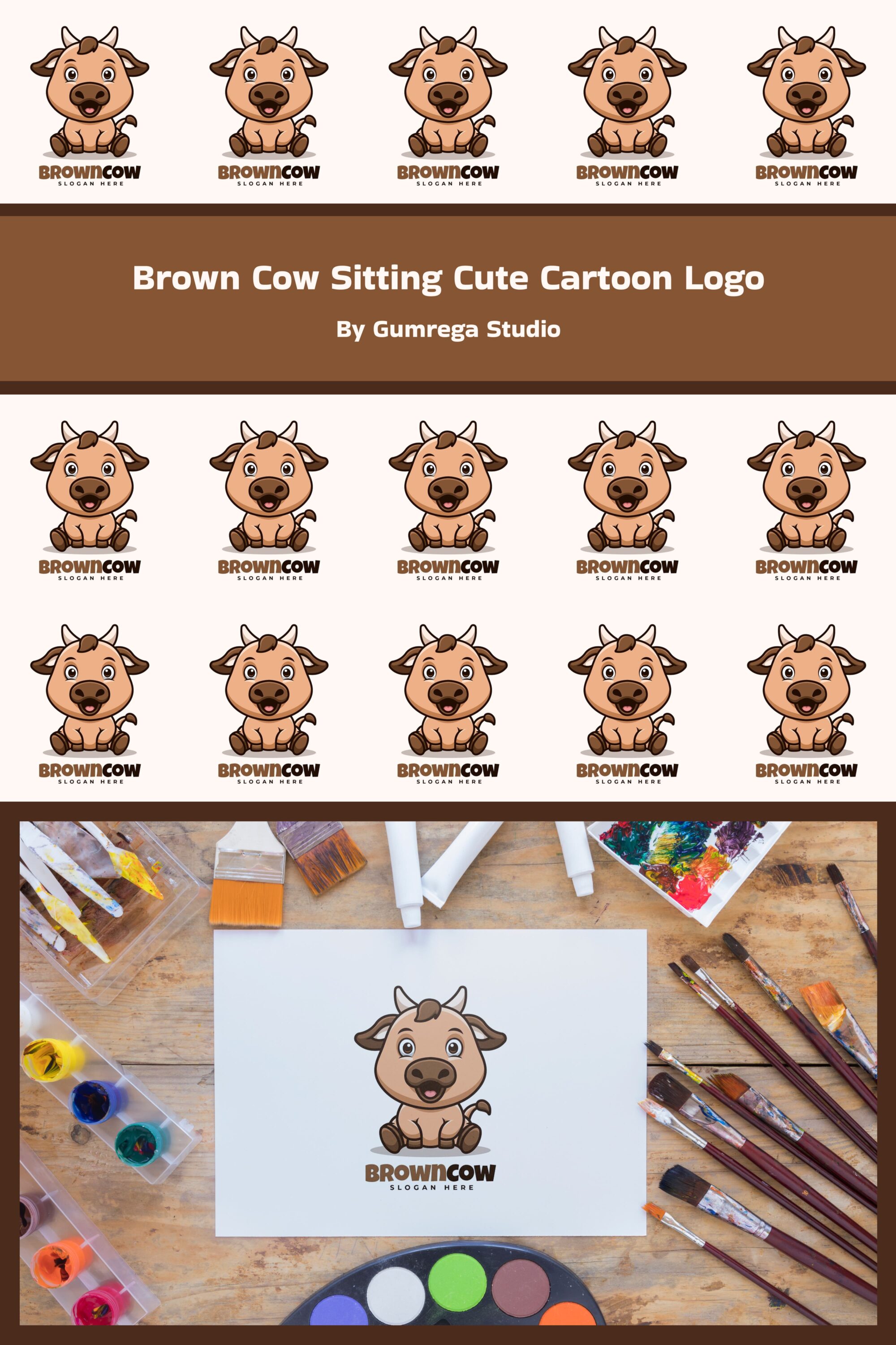 brown cow sitting cute cartoon logo 03 161