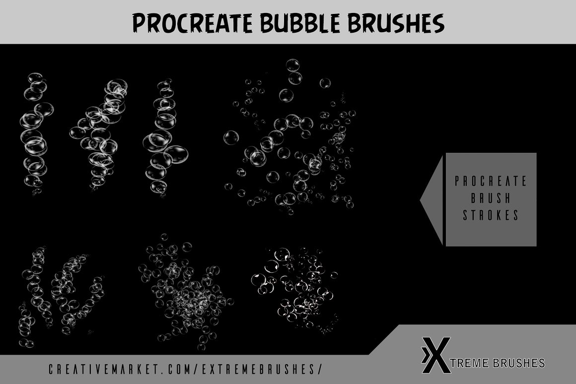 A set of 7 different white procreate realistic bubble brushes on a black background.