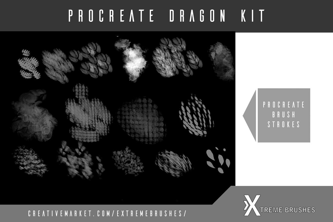 A set of 15 different gray procreate dragon brushes.