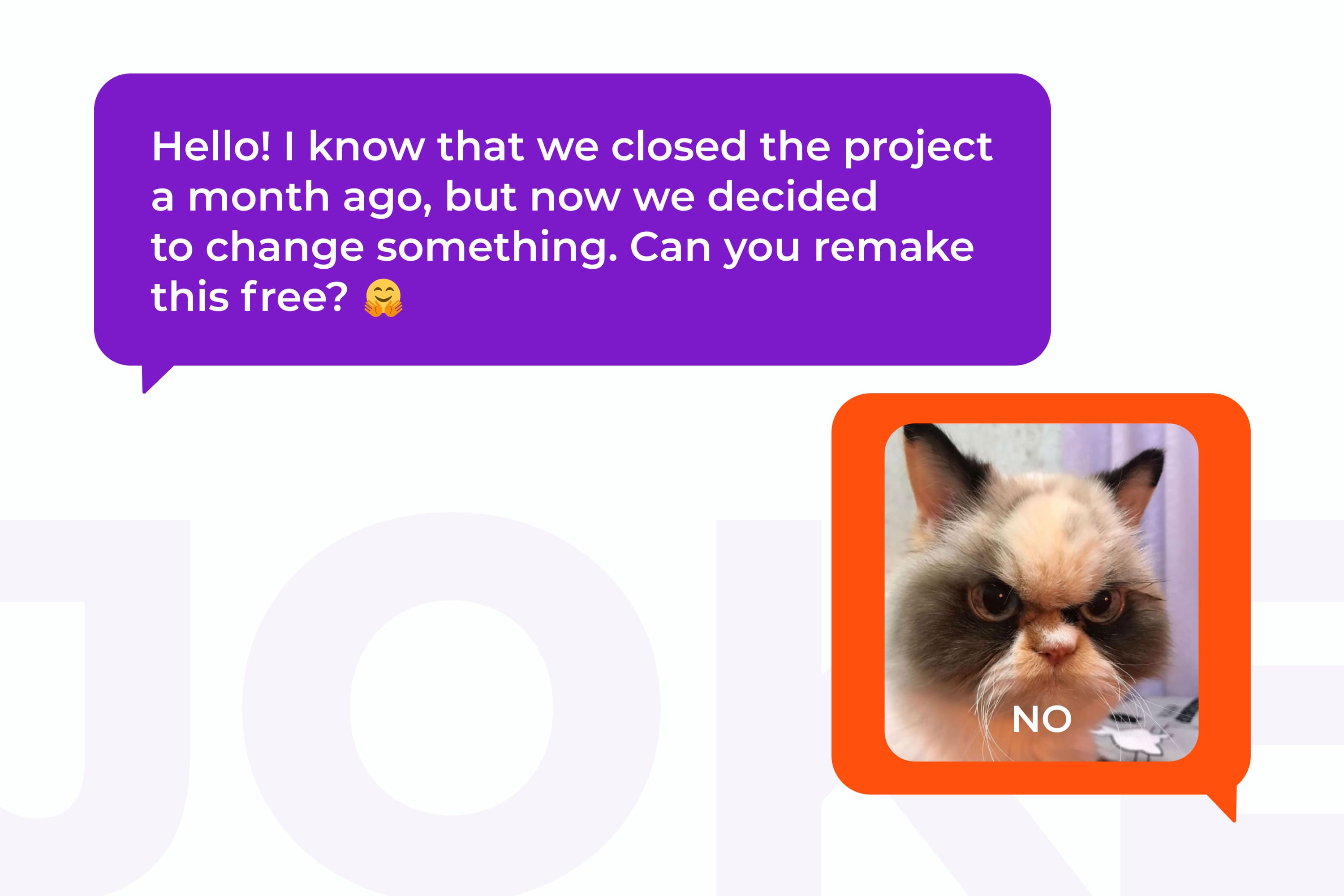 Comic book with a question on a purple background and an answer with a photo of an angry cat on an orange background.
