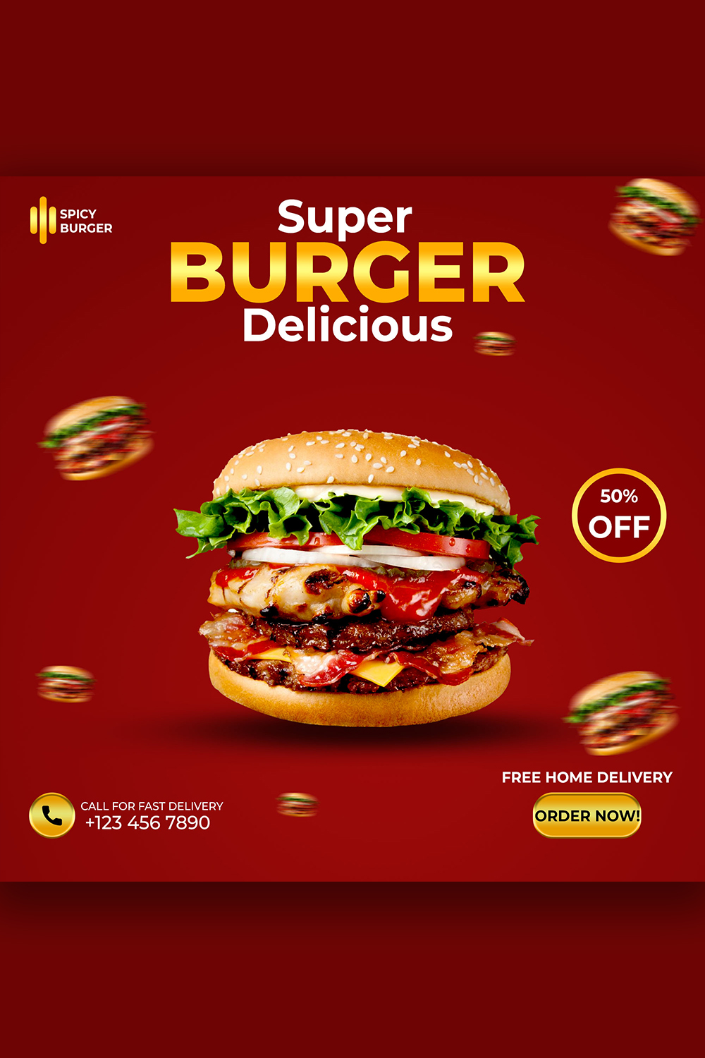 Burger Food Social Media Post And Banner Design Template pinterest image.