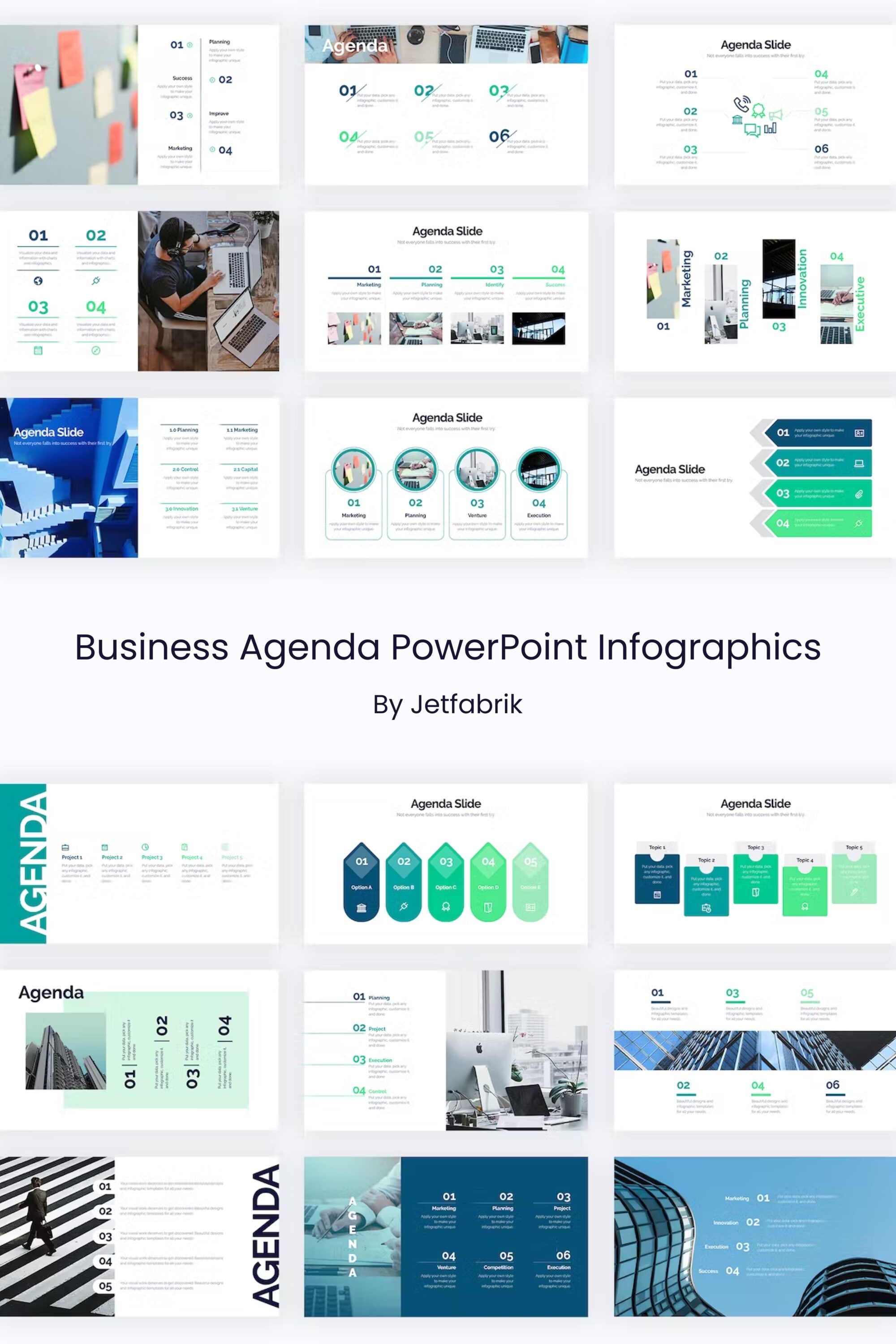 Collage of presentation pages with infographics and blue-green color scheme.