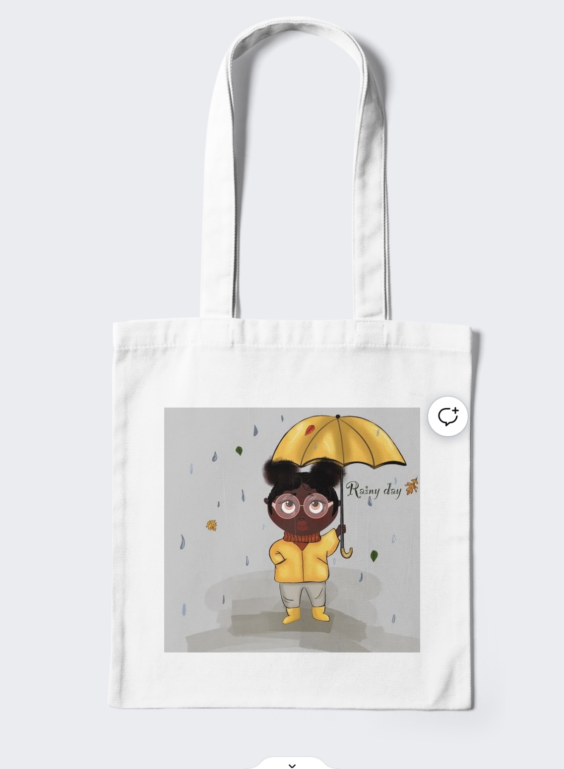Picture of a bag with an amazing print of a little afro girl in a yellow suit under an umbrella.