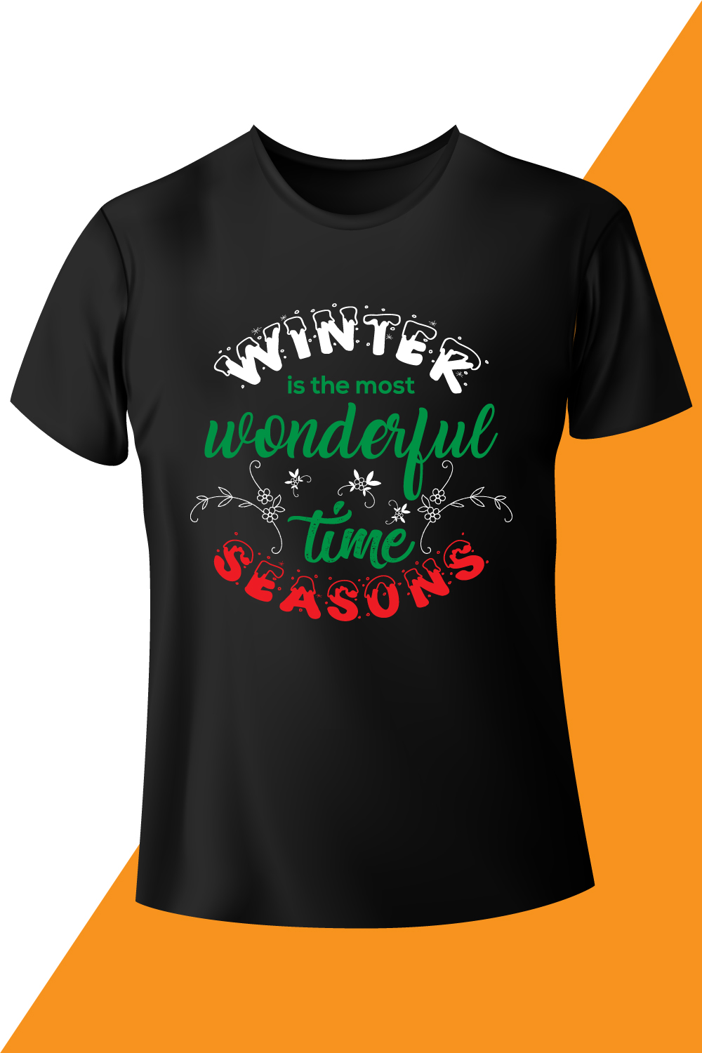 Image of a black t-shirt with the enchanting inscription winter is the most wonderful time season.