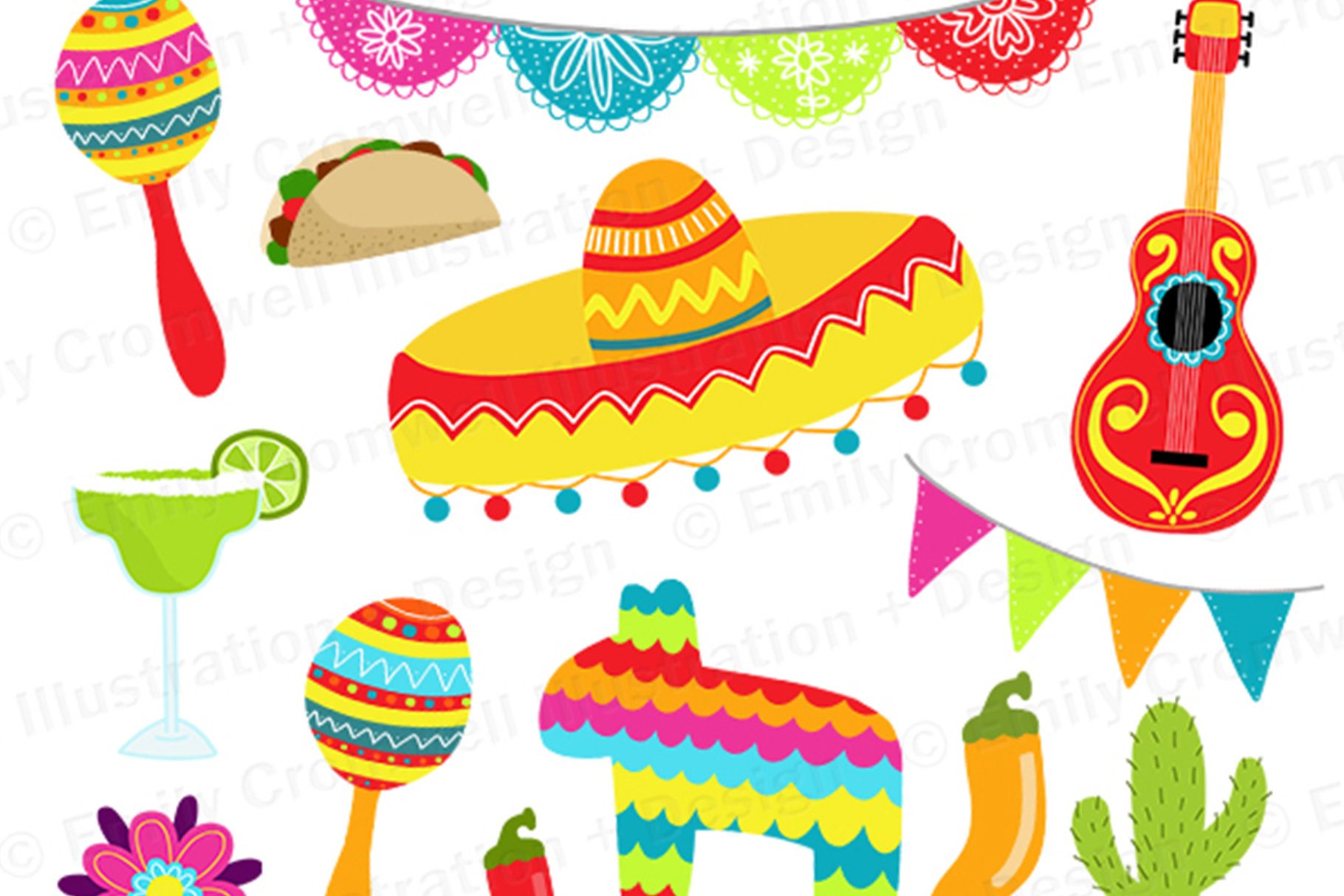 Multicolor Mexican elements to create Fiesta illustrations.
