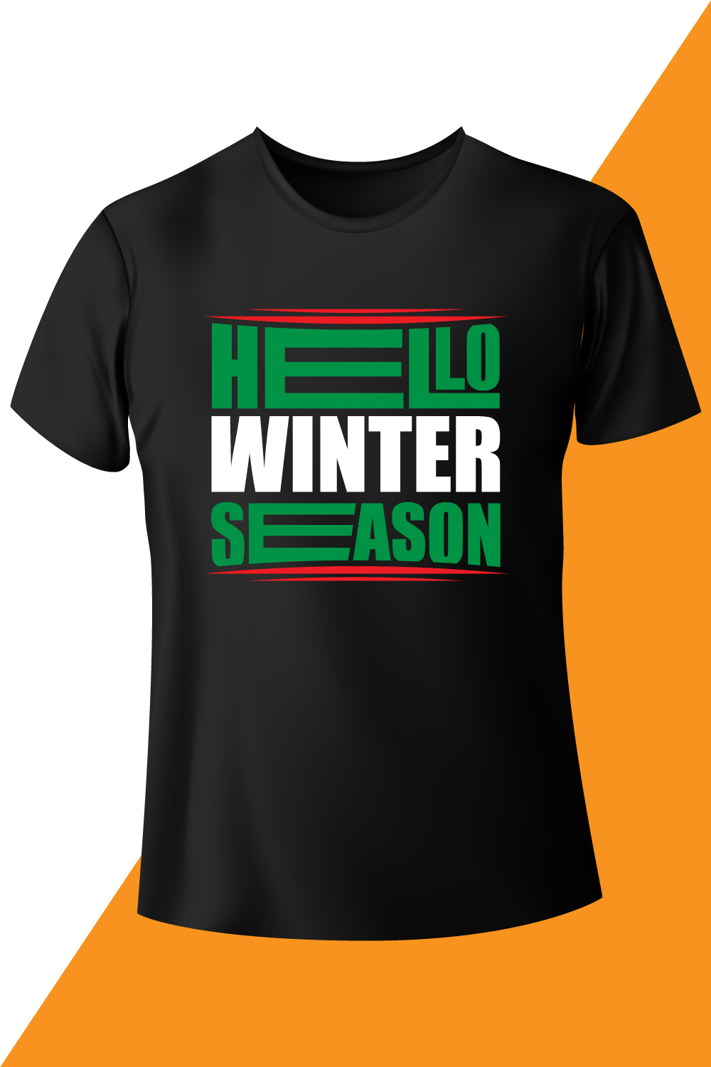 Image from a black t-shirt with a charming inscription hello winter season.