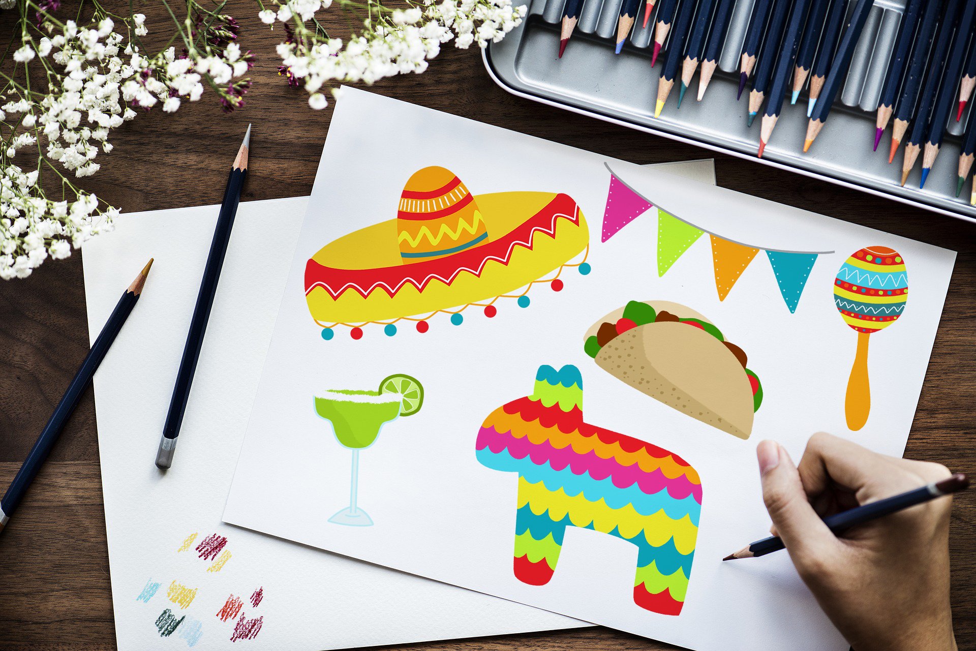 White paper with the bright fiesta elements for the party.