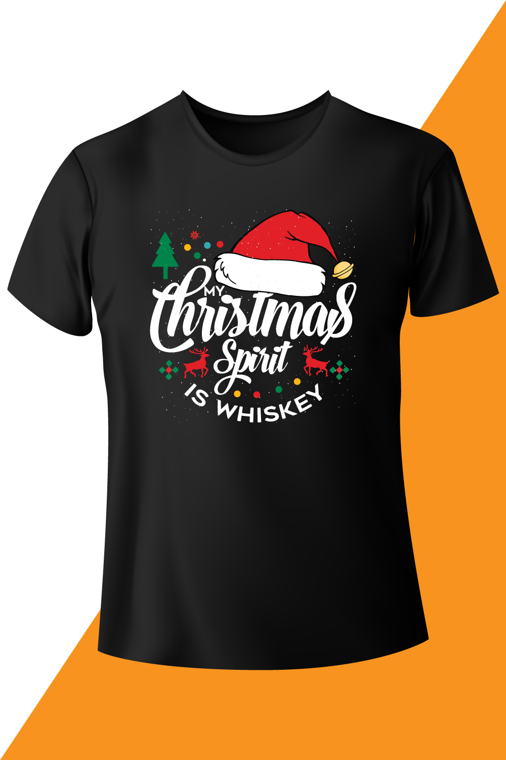 Image of a black t-shirt with an amazing inscription my christmas spirit is whiskey.