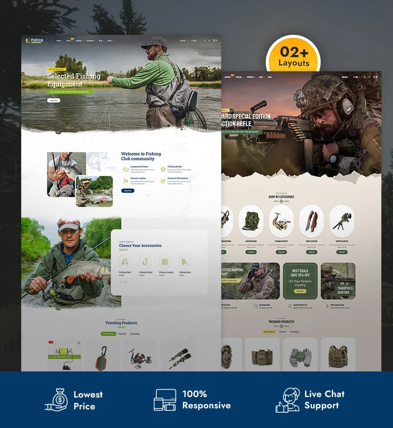 A set of 2 different layouts of web version fishing and weapons equipment store.