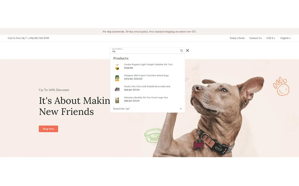 An example of search box for web version pets store shopify with image of a dog.