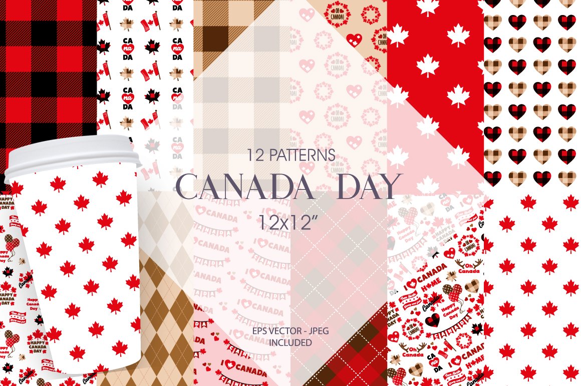 Gray lettering "Canada Day" and 12 different patterns.