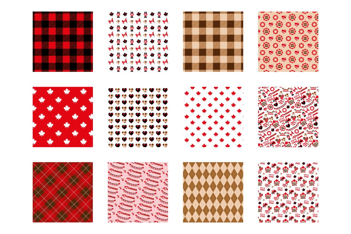 A set of 12 different seamless patterns of Canada Day.