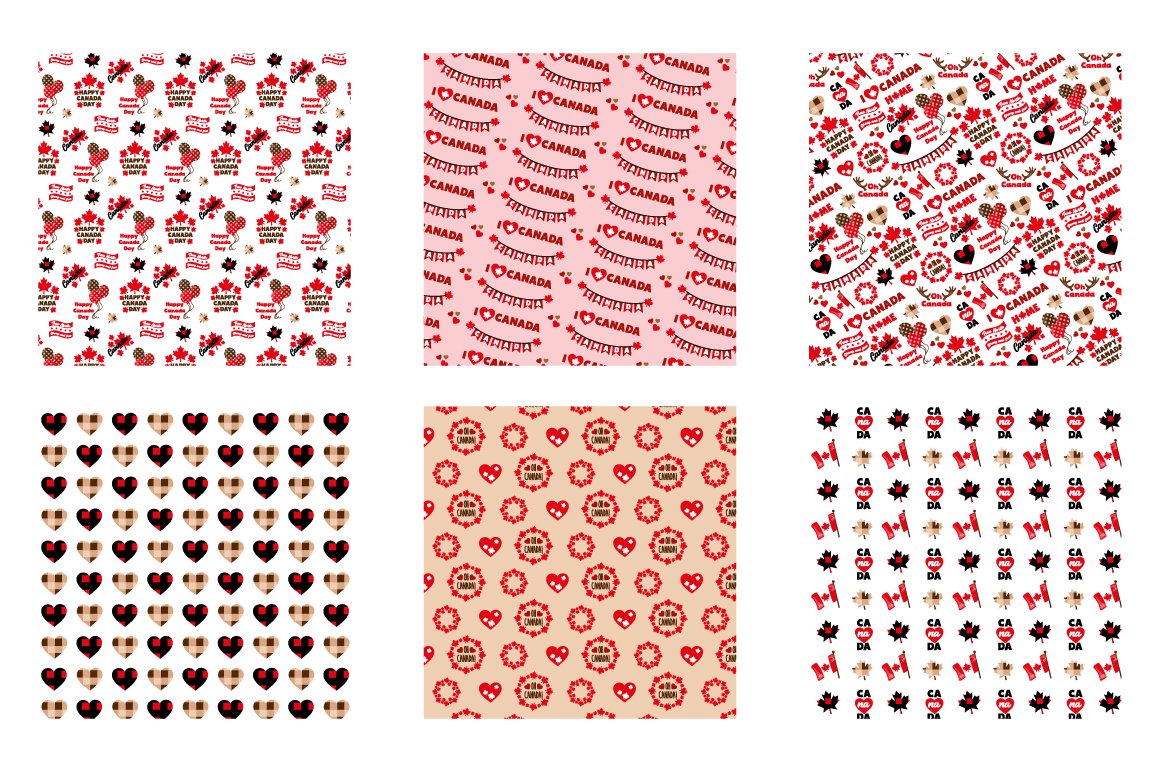 Different 6 seamless patterns of Canada Day on a white background.